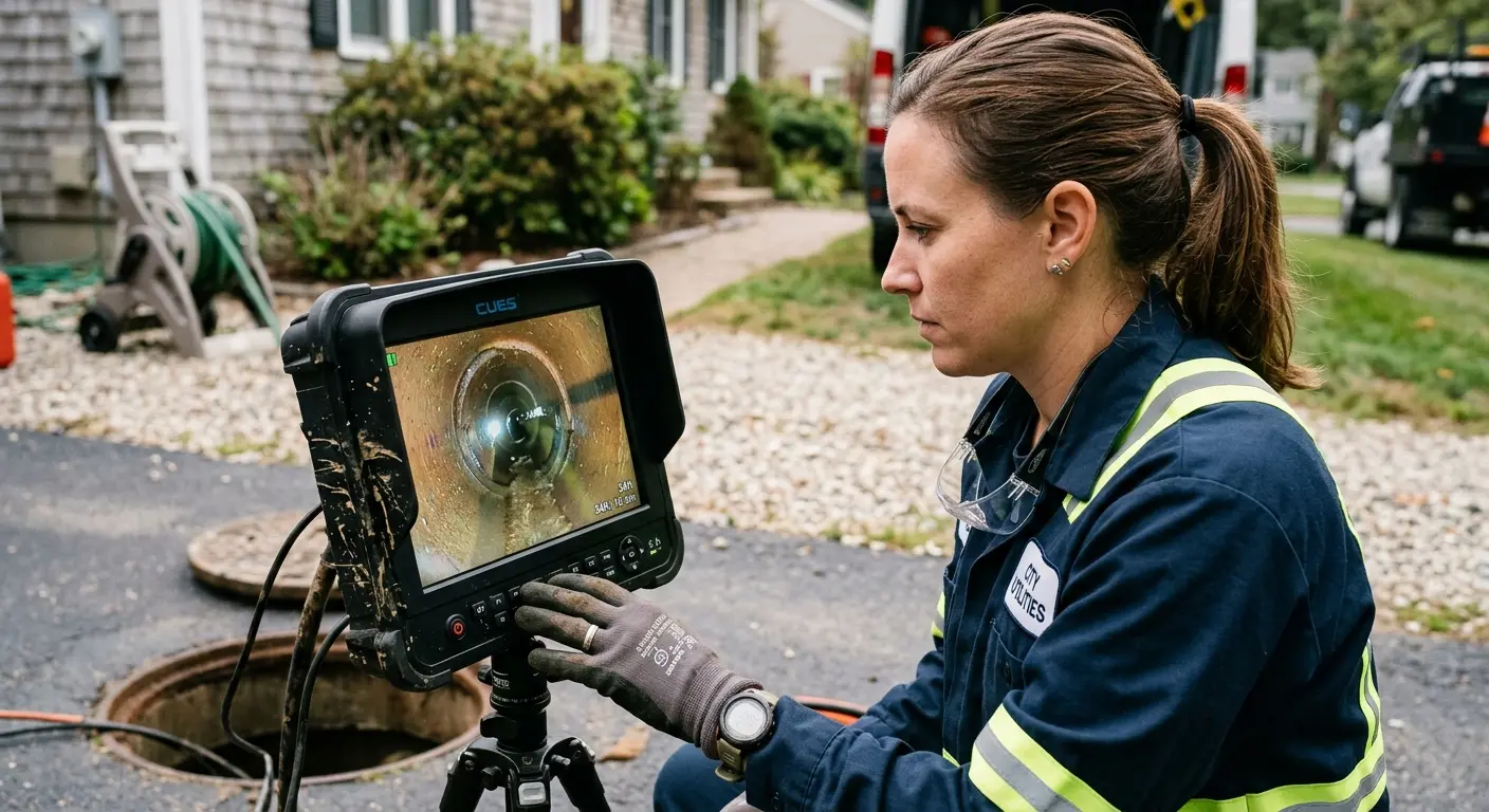 Technician reviewing sewer camera inspection footage in Appleton