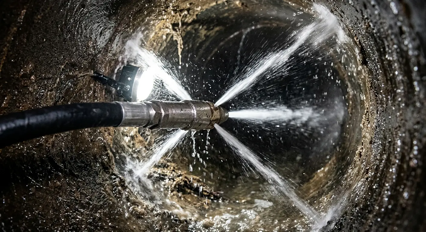 High-pressure hydro jetting nozzle cleaning sewer pipe for Emergency Drain Service in Appleton