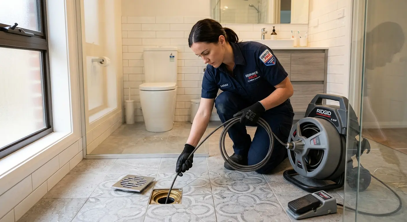 Technician clearing a bathroom floor drain for Sewer Line Installation in Appleton